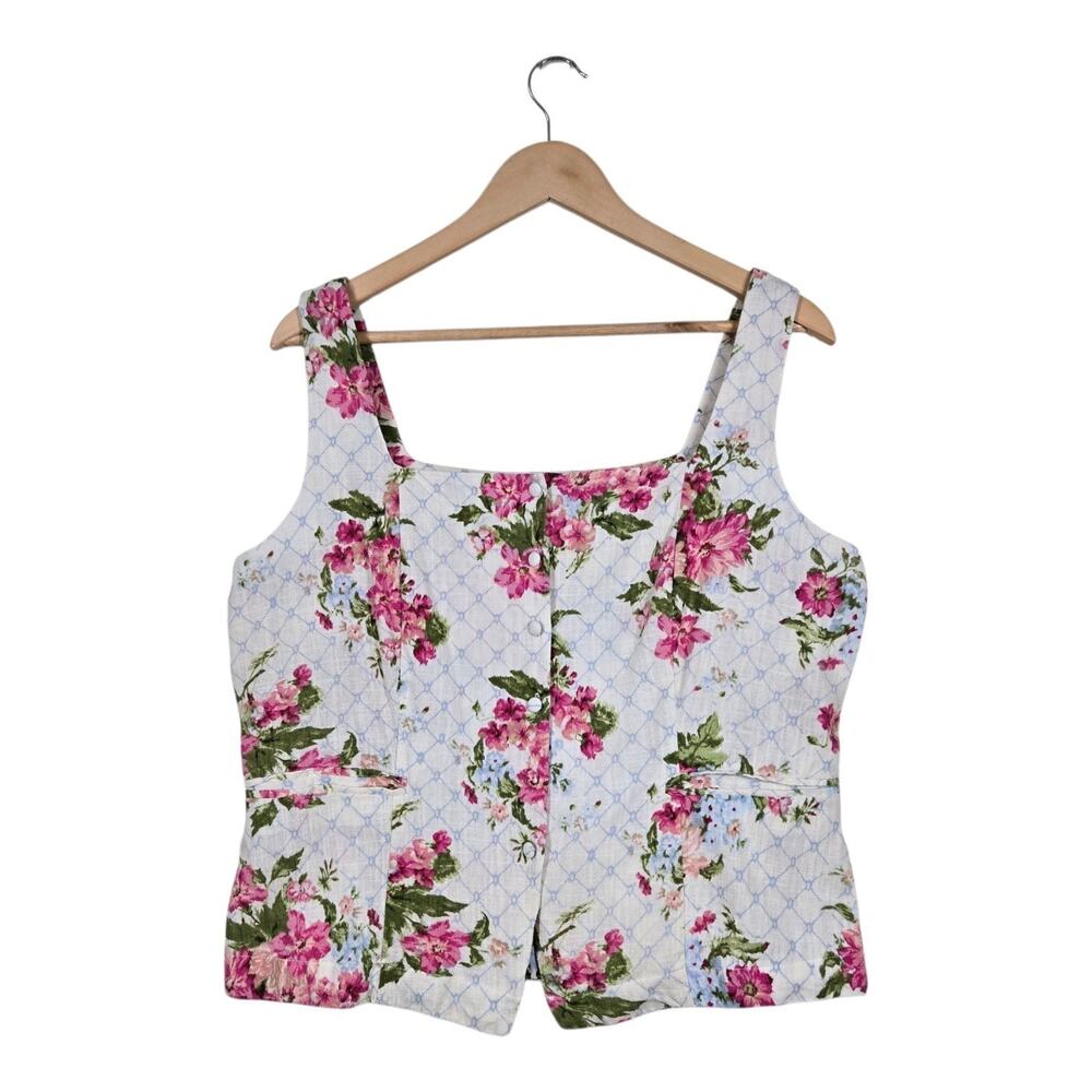 CeCe Button Vest Top Tank L Multi Floral Linen Blend Square Neck Cottagecore
